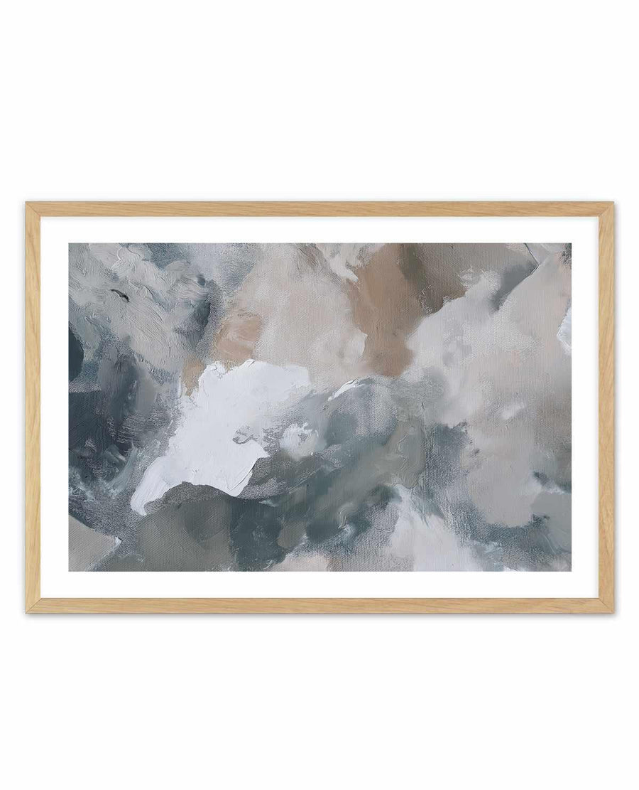 Framed art print titled "Slate Veil II" featuring an abstract composition in muted tones of slate grey, soft white, taupe, and pale blue. The painting style uses loose brushstrokes and layered texture creating a cloudy, atmospheric effect. The artwork is mounted in a natural wood frame with a white border.
