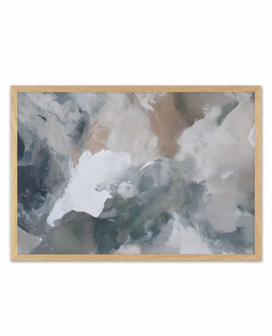 Abstract oil painting titled "Slate Veil II" featuring layered brushstrokes in shades of charcoal gray, soft white, warm taupe, and muted green. The composition creates a cloudy, atmospheric effect with gestural marks suggesting movement and depth. The painting is displayed in a natural wood frame with a horizontal landscape orientation.