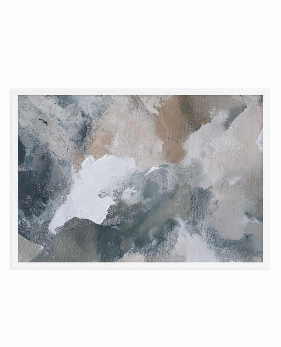 Slate Veil II art print featuring an abstract oil painting composition in muted tones of white, soft gray, taupe, and dark charcoal. The painterly work showcases layered brushstrokes creating an ethereal, cloud-like landscape with organic forms and blended edges. Mounted in a white frame with white border, presented against a light background.