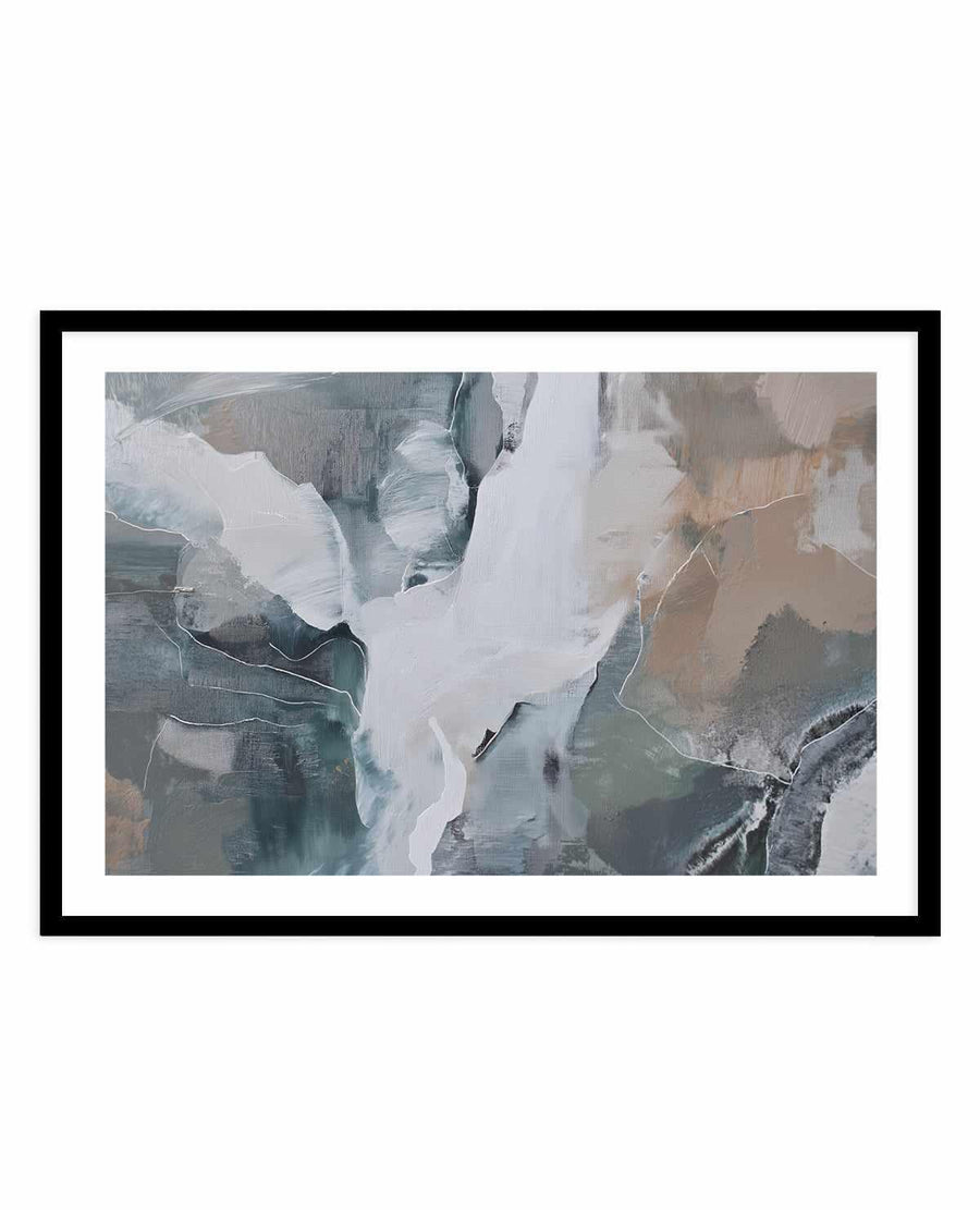 Slate Veil III art print in black frame with white border. Abstract painting featuring layered brushstrokes in soft whites, pale grays, and muted earth tones of tan and sage green. Organic shapes suggest flowing forms or landscape elements with gestural line work creating movement across the composition. Translucent quality gives impression of veils or atmospheric depth. Horizontal orientation, approximately 3:2 aspect ratio.
