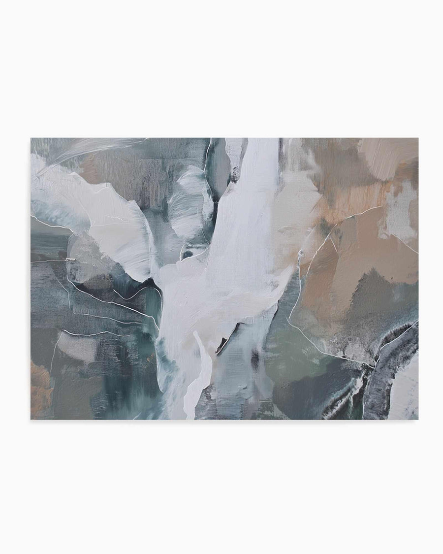 Abstract art print featuring layered, gestural brushstrokes in soft whites, creams, and pale greens with deeper slate and charcoal accents. The composition suggests an aerial or topographical landscape with flowing, organic forms and delicate line work creating depth and movement. The painting technique shows visible brushwork and blended colors creating a dreamy, atmospheric quality. The print is displayed unframed with a white border visible around the edges.