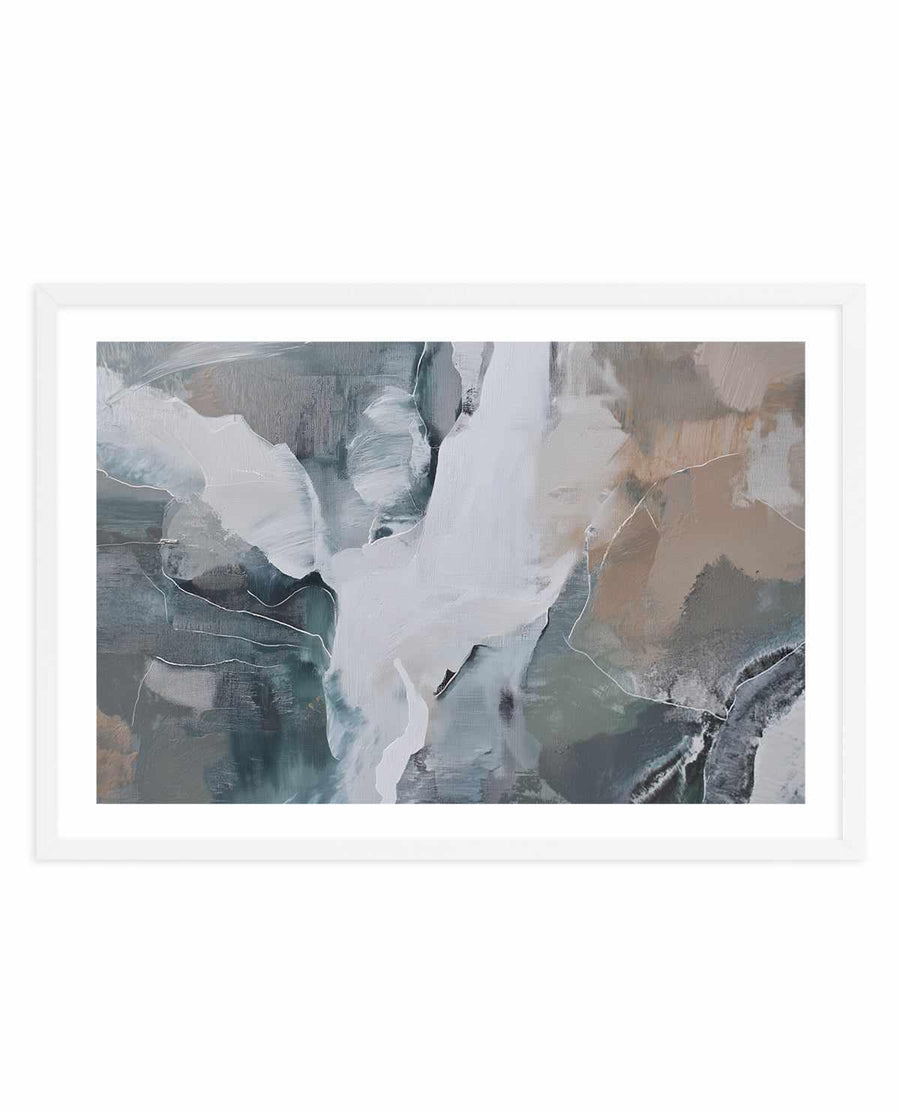 Slate Veil III art print in white frame with white border, displaying an abstract composition of soft white, pale grey, and muted teal brushstrokes layered over darker charcoal and sage green tones. The painting features gestural, flowing marks and translucent washes creating a sense of movement and depth, with organic shapes suggesting a landscape or atmospheric scene. The overall effect is contemplative and ethereal, with a matte finish characteristic of acrylic or mixed media painting.