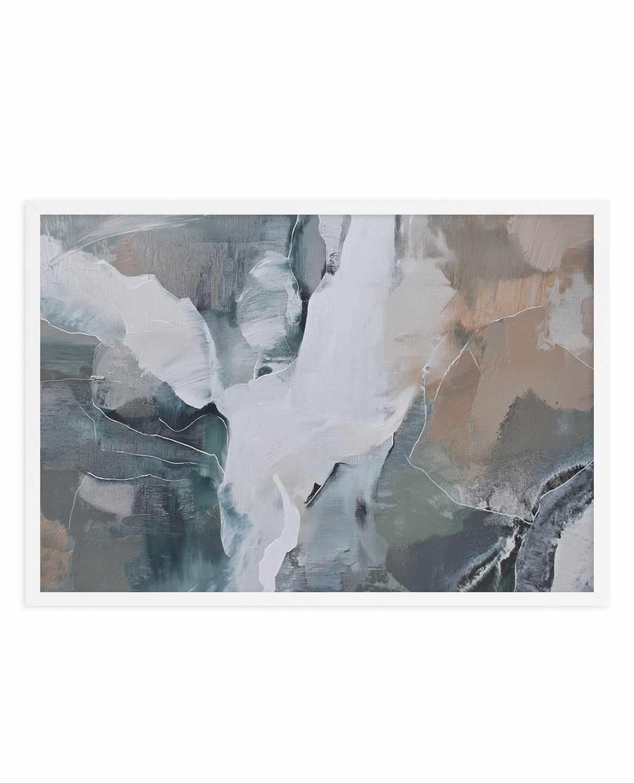 Abstract art print titled "Slate Veil III" featuring layered brushstrokes in soft whites, pale grays, dusty blues, and warm taupes. The composition shows gestural, horizontal brushwork creating depth and movement across the canvas. Subtle linear details in silver and charcoal accent the composition. The painting has a muted, contemplative quality with translucent overlapping forms suggesting landscape or atmospheric imagery. Displayed in a white border frame.