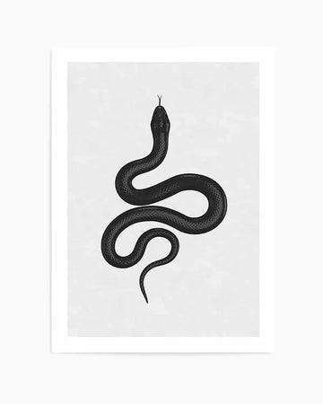 Art Print (illustration):
Sleek art print featuring a minimalist illustration of a black snake with its body coiled in an S-shape, and its head raised with a forked tongue extended. The snake has a subtle textured scale pattern and is set against a soft white background with a faint, subtle texture.