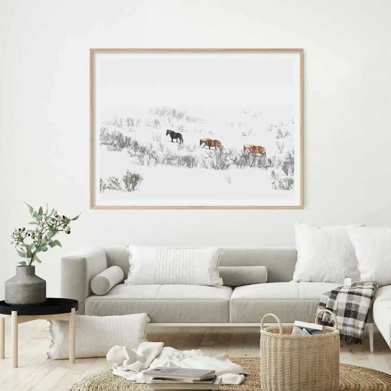 Lifestyle shot of a minimalist living room featuring a framed art print above a light grey sofa. The print depicts three wild horses in a snowy landscape with sparse, dark bushes, captured with a photographic quality. The horses, one black and two brown, are walking across the snow-covered terrain. The print is displayed in a natural wood frame with a white border. The room includes white throw pillows, a woven basket, and a small plant in a grey vase on a black side table.