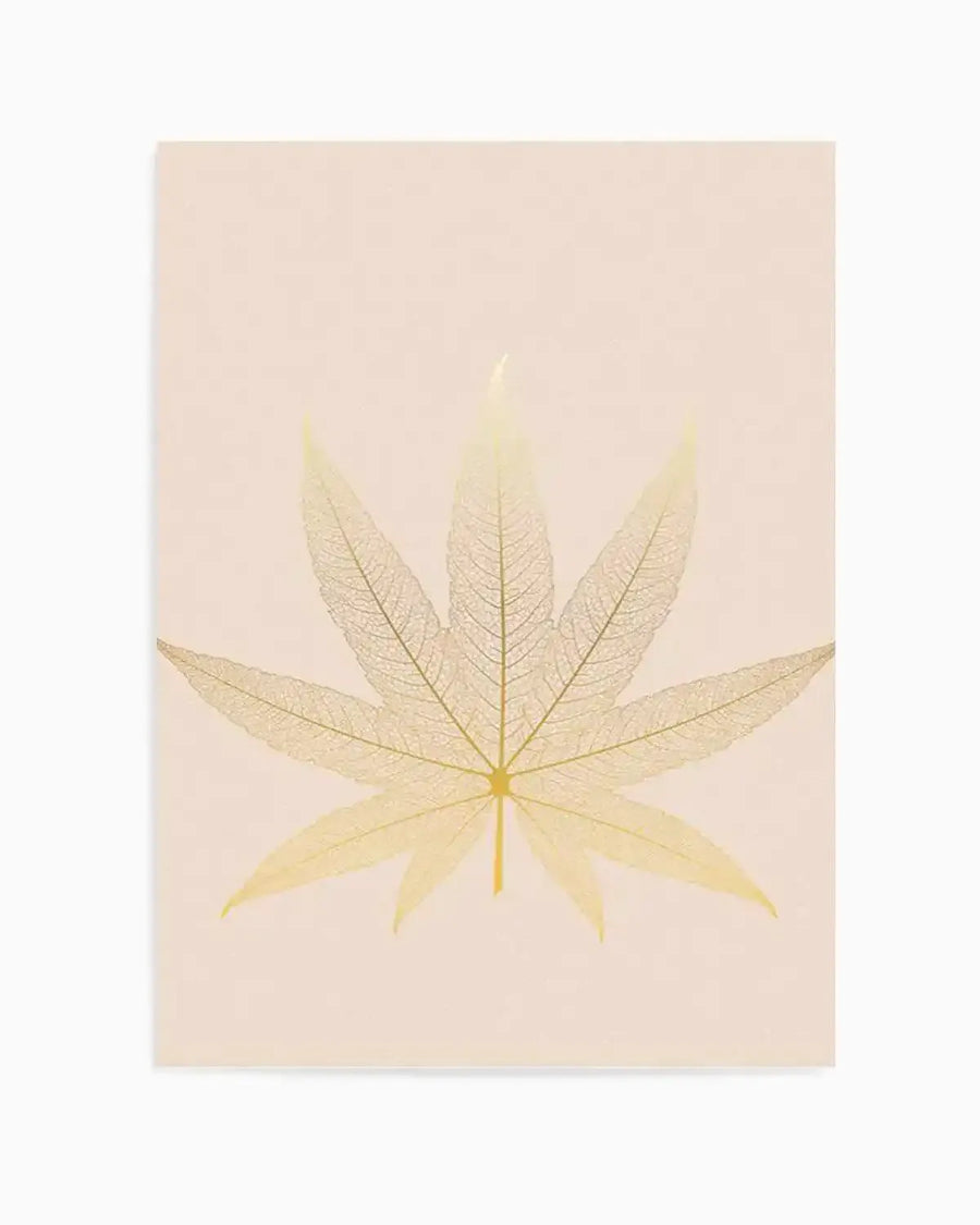 Art Print (botanical):
Botanical art print featuring a delicate, translucent skeleton leaf with seven pointed lobes and a central stem, rendered in soft golden yellow and pale lime green tones against a warm, light beige background. The intricate vein structure of the leaf is clearly visible, creating a delicate, ethereal quality.