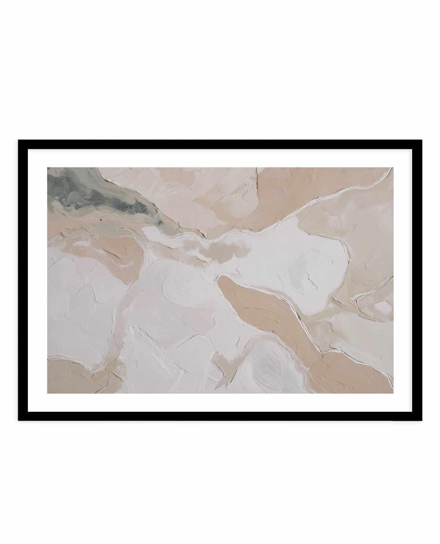 Abstract art print titled "Soft Limestone I" displayed in a black frame with white border. The artwork features organic, flowing shapes in soft neutral tones including cream, beige, taupe, and pale pink, with prominent white areas creating contrast. The composition uses thick, visible brushstrokes creating a textured, painterly appearance suggesting natural geological formations or mineral deposits. The overall mood is calm and minimalist with an earthy, contemporary aesthetic.