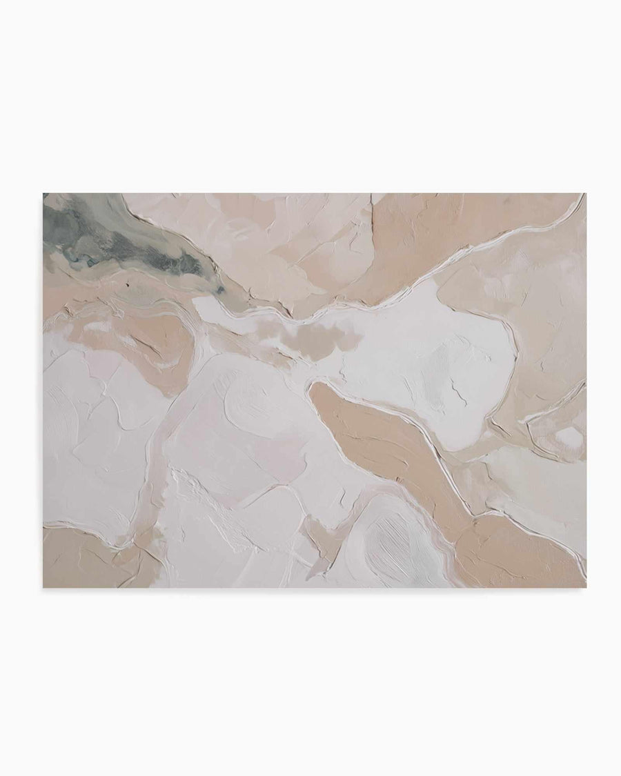 Abstract oil painting titled Soft Limestone I featuring organic, flowing shapes in soft whites, creams, taupes, and pale blush tones. Thick, textured brushstrokes create layered, meandering forms that resemble natural geological patterns or aerial landscapes. The composition balances warm beige and tan areas with cool white passages, creating subtle depth and movement across the canvas. Displayed as an unframed art print with visible brushwork and impasto texture.