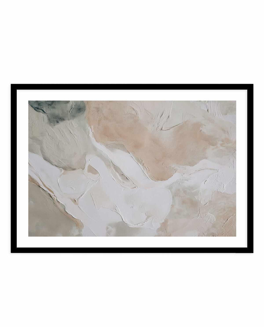 Soft Limestone II art print in black frame with white border. Abstract painting featuring soft, layered brushstrokes in cream, white, beige, and pale gray tones. Organic, flowing shapes suggest natural geological formations or cloud-like patterns. Thick impasto texture with visible brushwork creates depth and dimension. Muted, neutral color palette evokes calm, minimalist aesthetic.