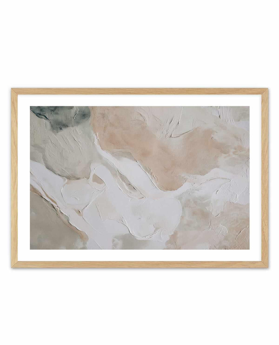 Abstract art print titled Soft Limestone II displayed in a light natural wood frame with white border. The composition features soft, layered brushstrokes in cream, pale beige, warm taupe, and white tones with subtle darker gray-green accents in the upper left. Thick, textured paint application creates an organic, weathered surface appearance reminiscent of limestone or plaster. The painterly style uses flowing, overlapping strokes that suggest gentle movement across a neutral, contemplative composition.
