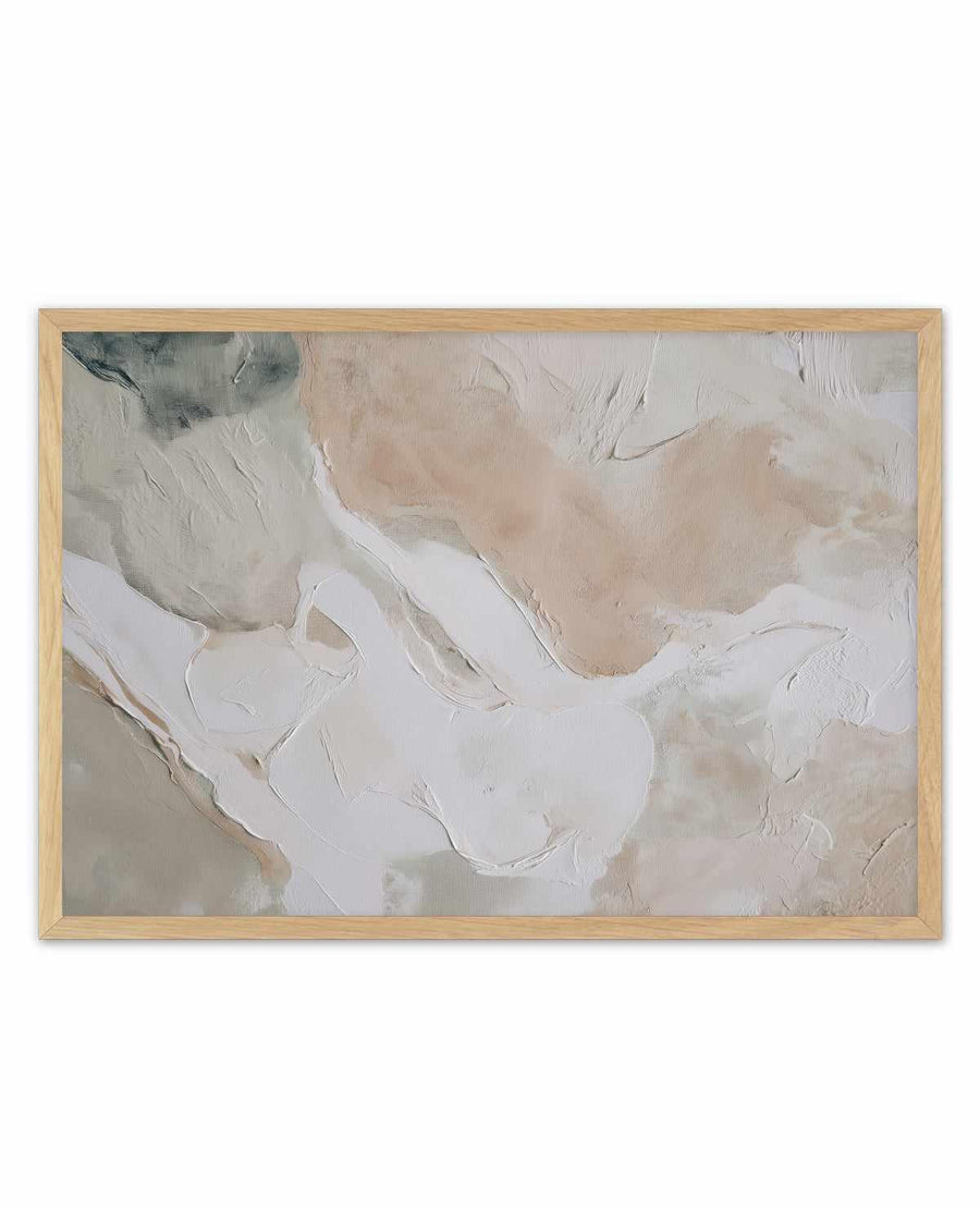 Abstract art print titled "Soft Limestone II" featuring organic, flowing shapes in soft cream, white, and pale taupe tones with subtle brushstroke textures. The composition uses layered, gestural marks creating depth and movement across a neutral background. Natural wood frame with horizontal orientation.