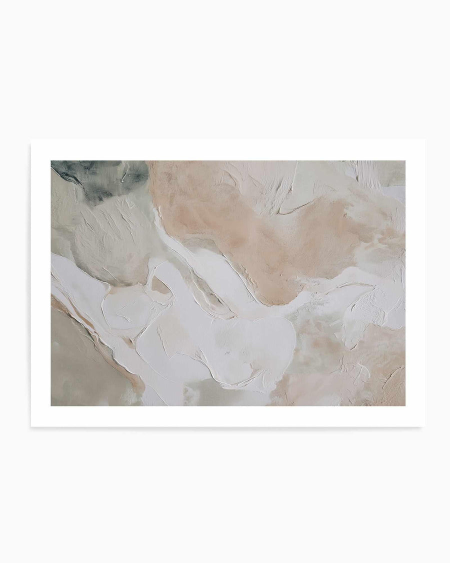 Abstract art print titled Soft Limestone II featuring organic, flowing brushstrokes in soft, muted tones. The composition shows layered passages of cream, pale beige, dusty taupe, and white paint applied with expressive gestural marks. Darker charcoal and sage accents appear in the upper left, creating subtle depth and contrast. The overall effect is ethereal and minimalist, with a contemplative, serene mood. The artwork is displayed in a white border frame.