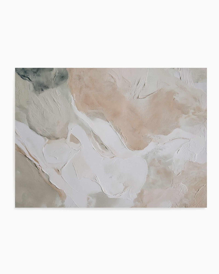 Abstract art print titled Soft Limestone II featuring soft, layered brushstrokes in cream, beige, tan, and white. The composition has an organic, flowing quality with heavily textured oil paint application creating dimensional peaks and valleys across the canvas. Muted warm tones blend together with areas of pure white creating contrast and depth. The overall effect is subtle and calming, evoking natural stone or landscape forms. The unframed print is displayed against a white background.