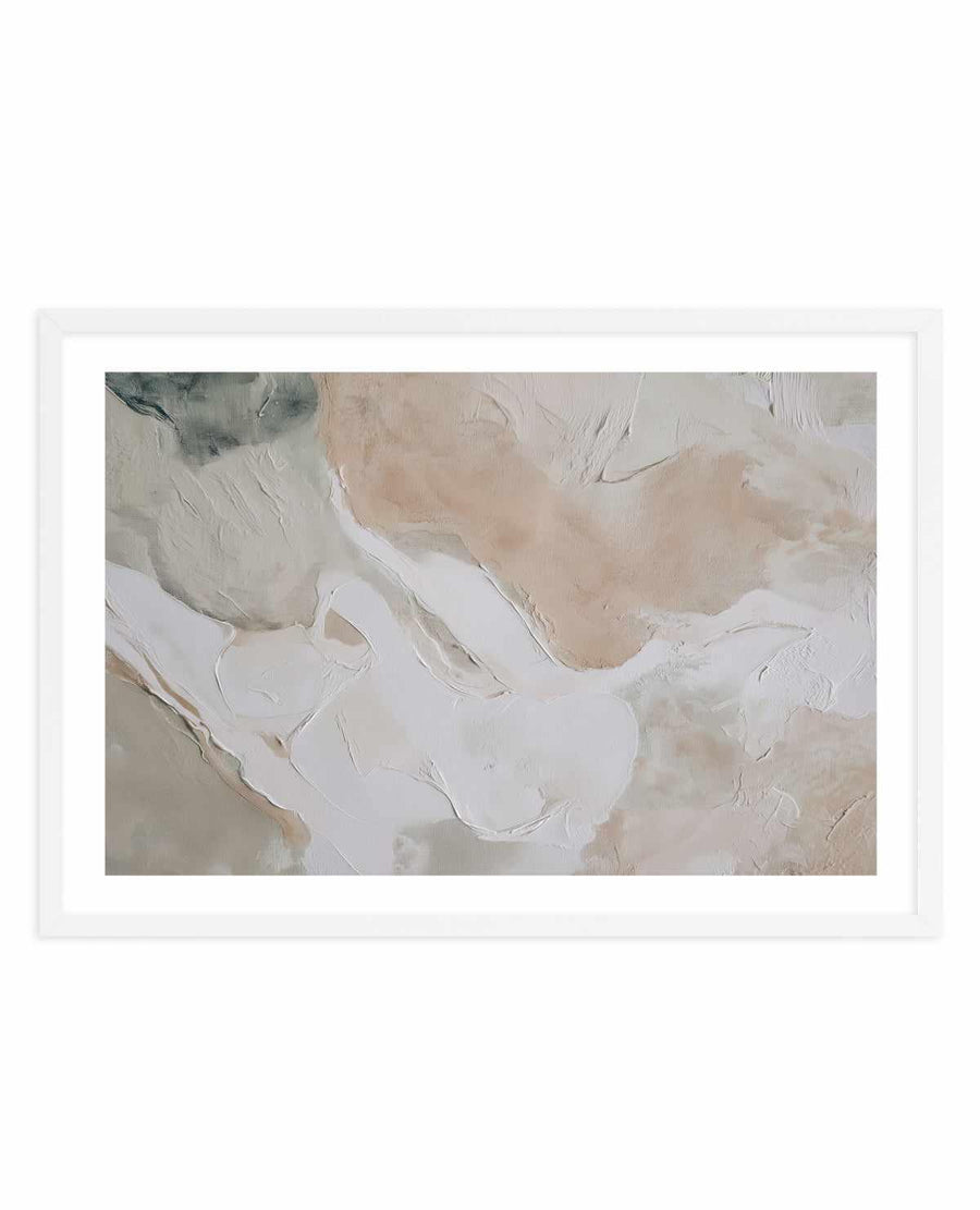 Abstract art print titled Soft Limestone II displayed in a white frame with white border. The composition features organic, flowing brushstrokes in soft, muted tones including cream, beige, pale gray, and warm taupe. Thick, textured paint application creates dimensional layers with gestural marks and subtle color variations that suggest natural stone formations. The overall aesthetic is minimalist and contemplative with a soft, neutral palette.