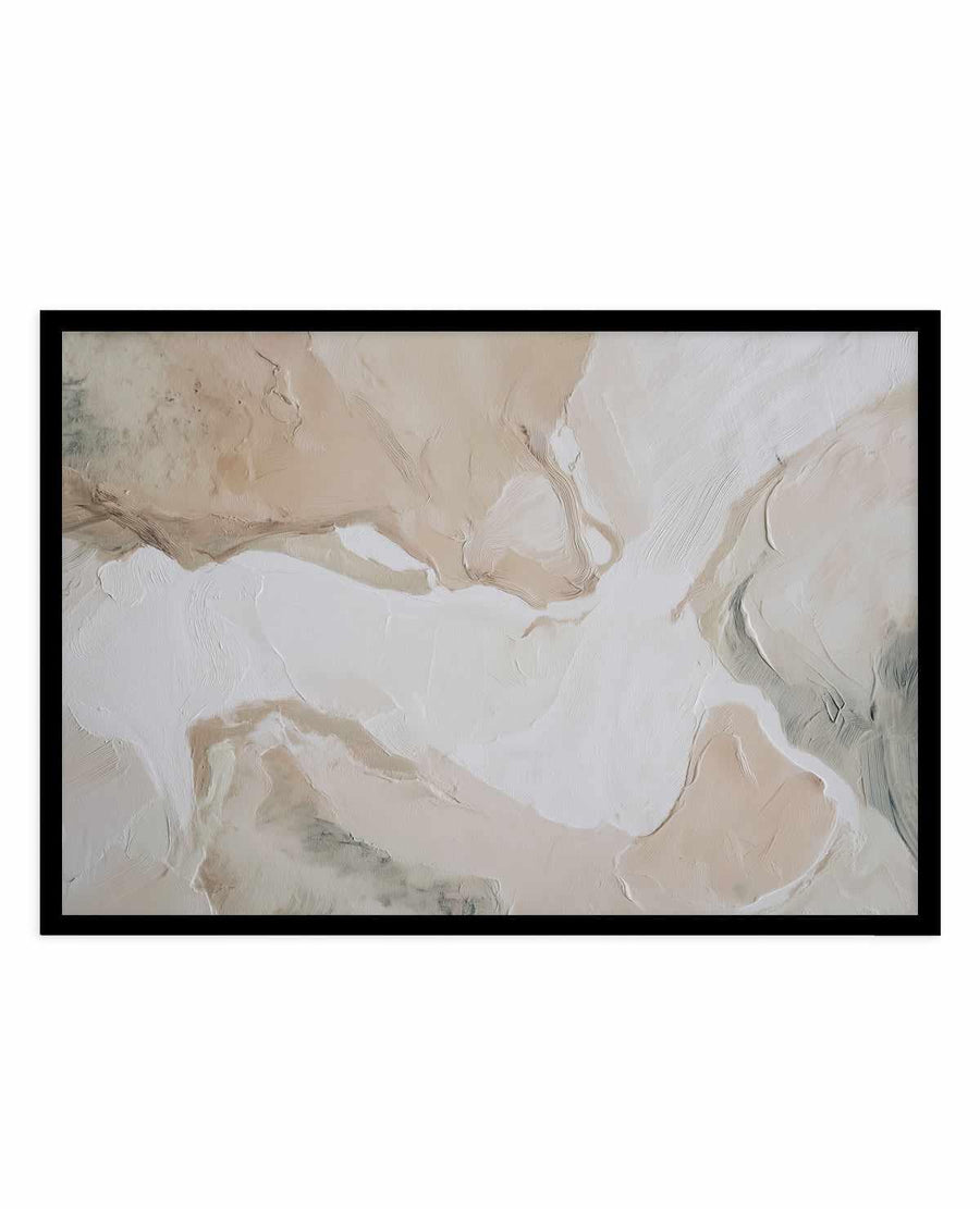 Abstract art print titled "Soft Limestone III" featuring soft, layered brushstrokes in cream, beige, taupe, and white with subtle hints of sage green. The composition uses gestural, sweeping marks creating an organic, flowing landscape-like quality. The paint application appears thick and textured with visible brushwork throughout. Displayed in a black frame with white border against a white background.
