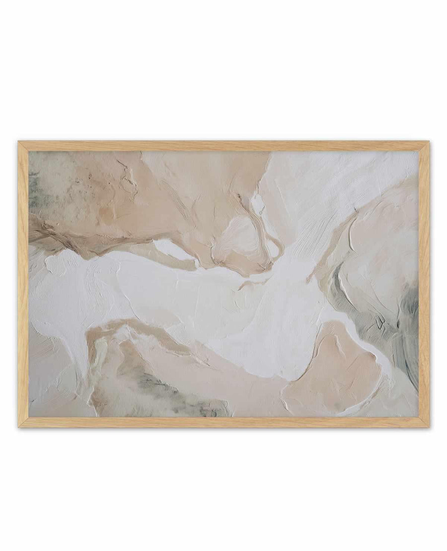 Abstract art print titled "Soft Limestone III" featuring layered, organic brushstrokes in soft neutral tones including cream, beige, taupe, and pale gray. The composition uses gestural marks and flowing lines creating a sense of movement across a predominantly white background. The paint application appears textured and expressionistic with visible brushwork. Displayed in a natural wood frame with no border.