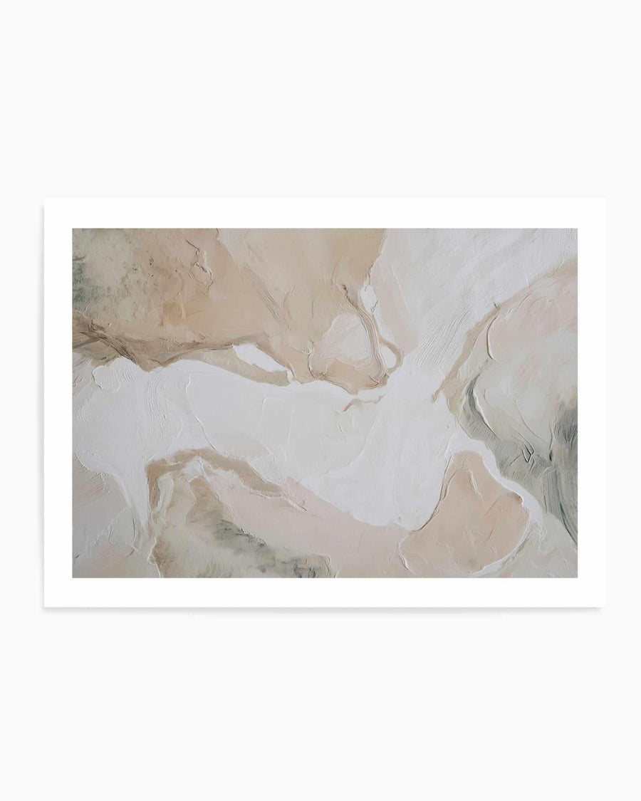 Abstract oil painting titled "Soft Limestone III" featuring organic, flowing brushstrokes in creamy whites, soft beiges, warm taupes, and pale sage greens. The composition consists of layered, gestural paint marks creating a sense of movement and depth across a light neutral background. The artwork is mounted as a framed print with a white border, displayed against a white wall.