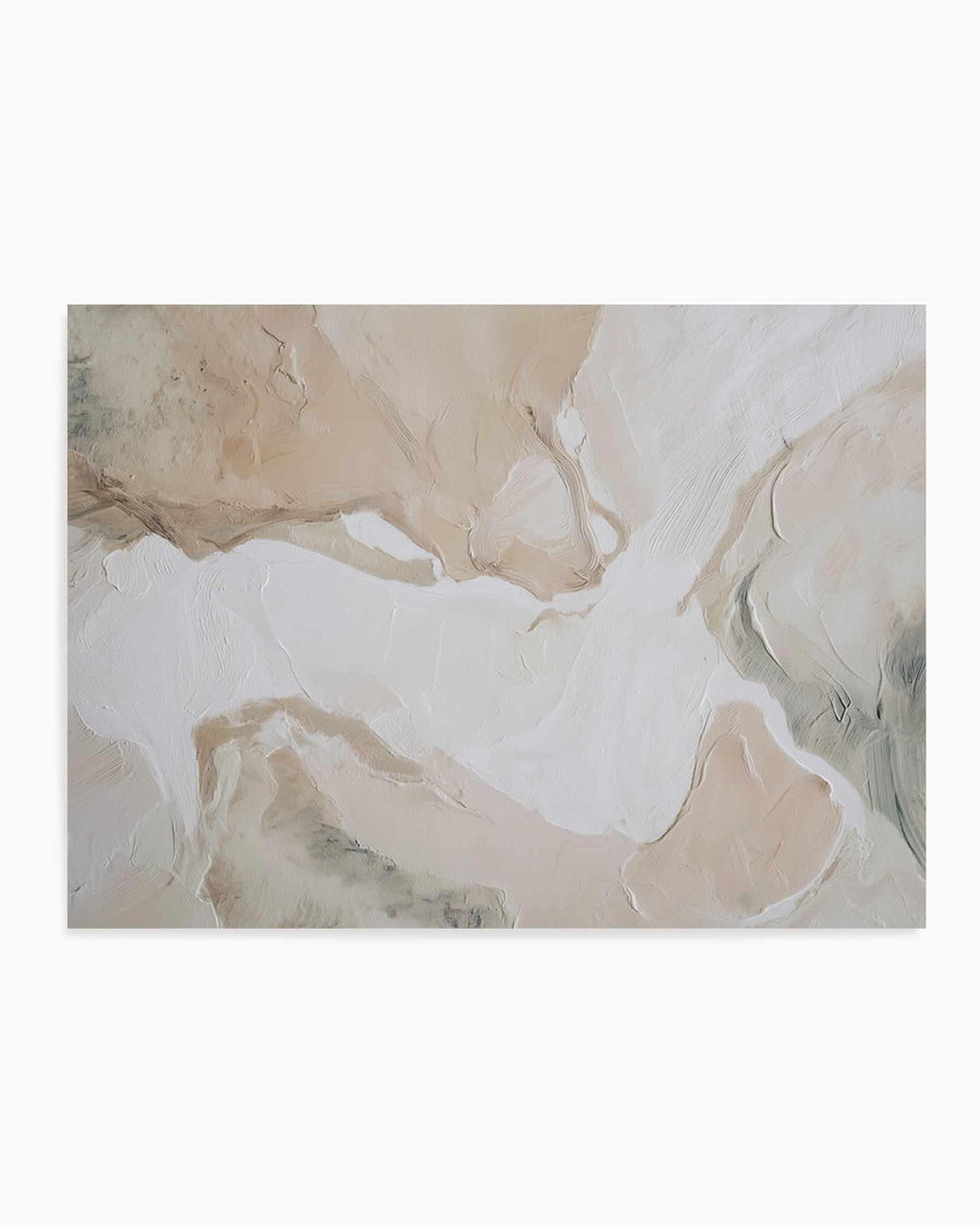 Abstract art print featuring soft, layered brushstrokes in cream, beige, warm taupe, and pale green tones. Thick impasto paint application creates textured, organic forms suggesting a natural landscape or geological formation. The composition balances white negative space with muted earth tones, creating a serene, minimalist aesthetic. Horizontal rectangular format displayed with white border.