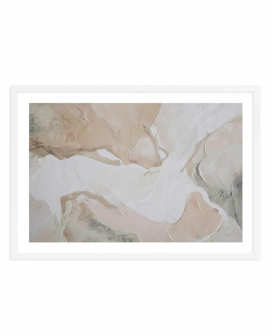 Soft Limestone III art print in white frame with white border, featuring an abstract composition with flowing organic shapes in cream, soft beige, pale grey, and white. The painting uses gestural brushstrokes and layered translucent forms that suggest a natural landscape or aerial view, with areas of muted taupe and sage green creating subtle depth and movement across the canvas.