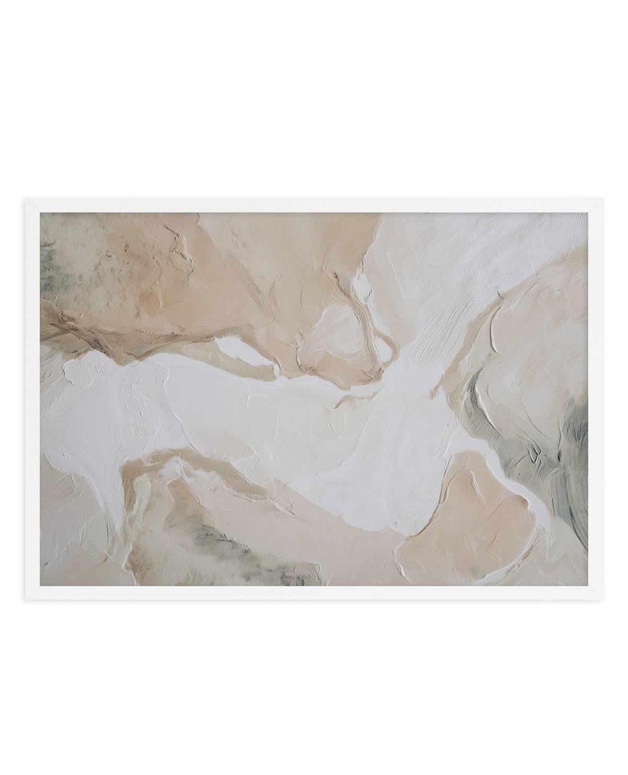 Abstract art print titled Soft Limestone III featuring soft, layered brushstrokes in cream, beige, taupe, and white tones. The composition has organic, flowing forms with textured paint application creating depth and movement across a predominantly white background. Touches of muted green and grey appear in the lower portion. The artwork is presented in a white frame with white border, displayed against a light background.