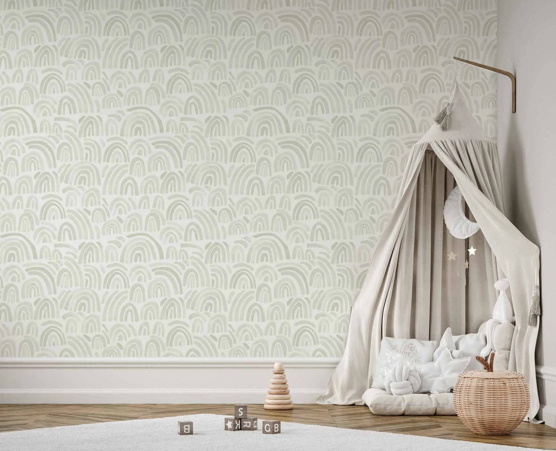 Soft Sage Rainbows Wallpaper-Wallpaper-Buy Kids Removable Wallpaper Online Our Custom Made Children√¢‚Ç¨‚Ñ¢s Wallpapers Are A Fun Way To Decorate And Enhance Boys Bedroom Decor And Girls Bedrooms They Are An Amazing Addition To Your Kids Bedroom Walls Our Collection of Kids Wallpaper Is Sure To Transform Your Kids Rooms Interior Style From Pink Wallpaper To Dinosaur Wallpaper Even Marble Wallpapers For Teen Boys Shop Peel And Stick Wallpaper Online Today With Olive et Oriel