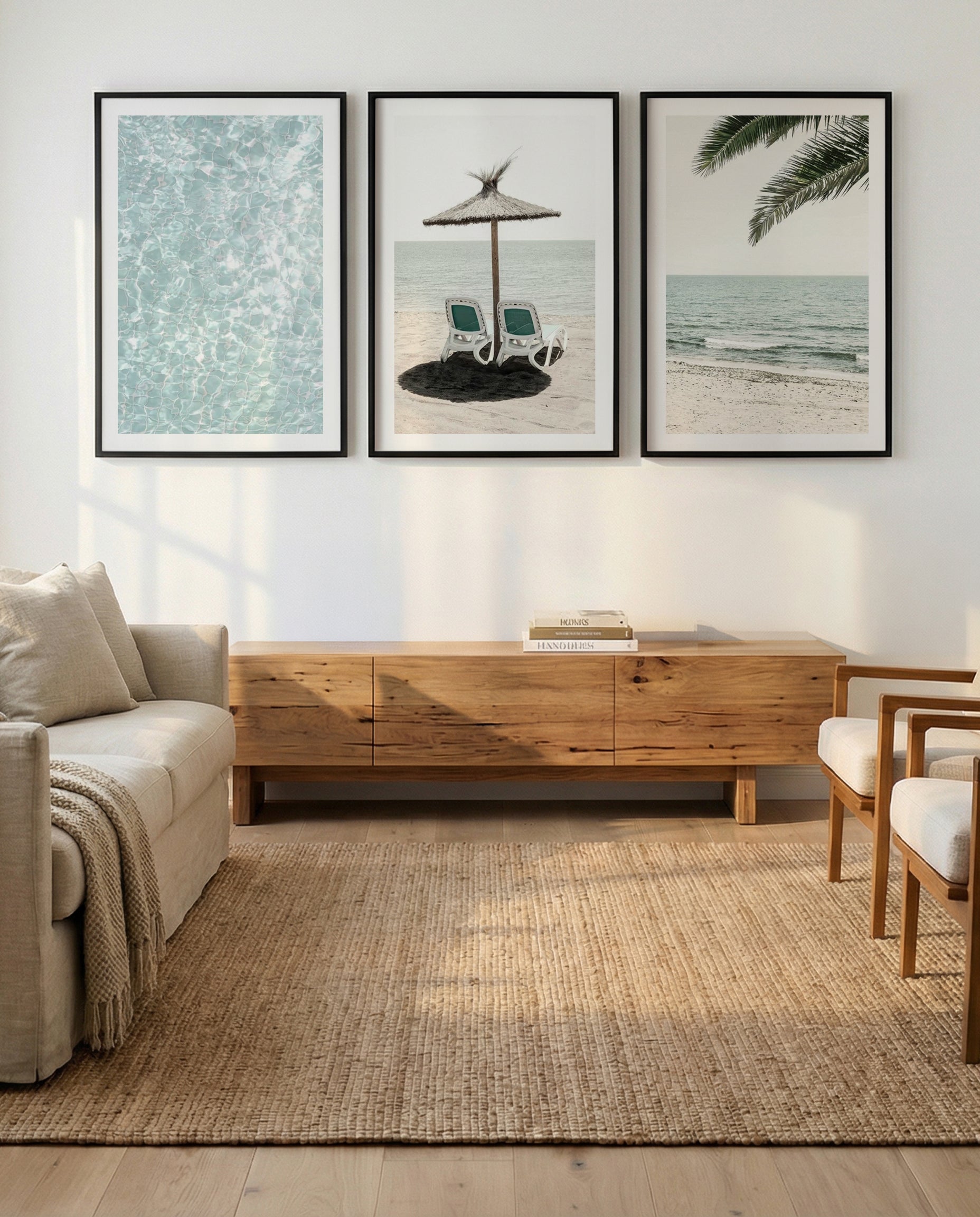 Solaris I, II & II | 3 Piece Wall Art Set in Blue coastal art print oak frame with white border