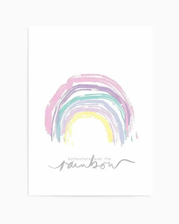 Art print featuring a hand-painted pastel rainbow with soft, brushstroke textures in shades of pink, purple, mint green, pale blue, and pale yellow against a white background. Below the rainbow, gray handwritten script reads "somewhere over the rainbow." The print is displayed unframed on white paper with subtle shadowing visible at the edges.