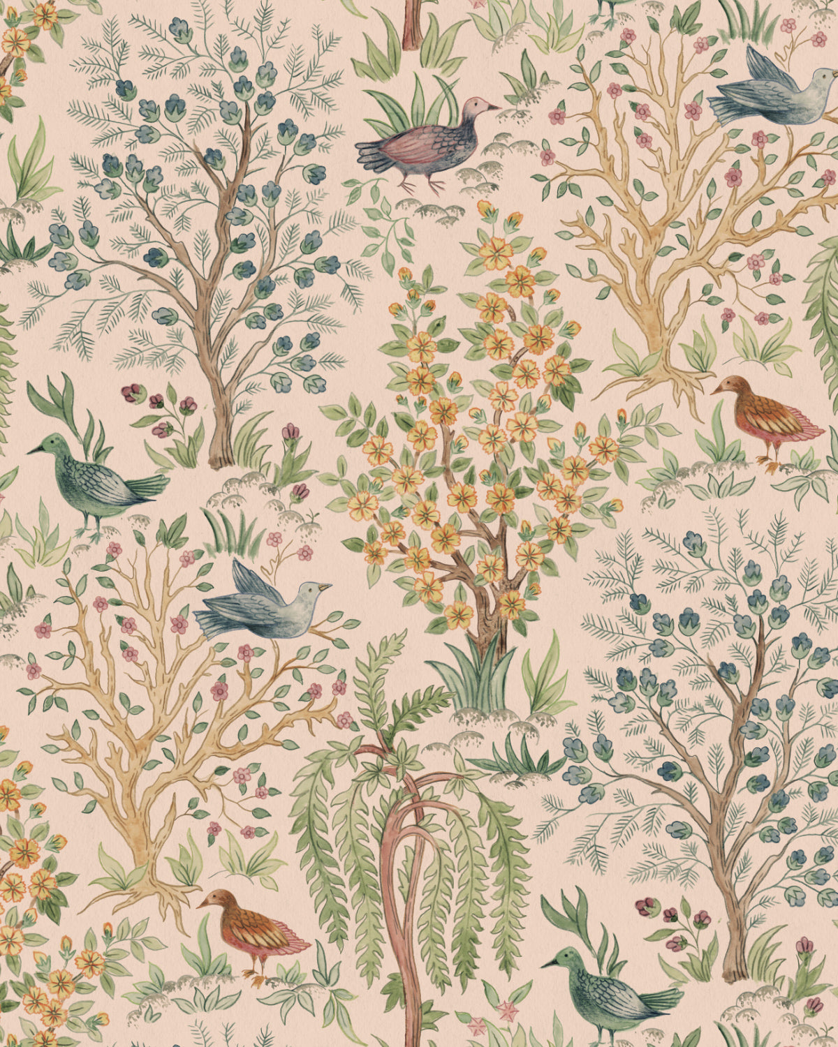 Songbird Garden in Pale Pink Wallpaper