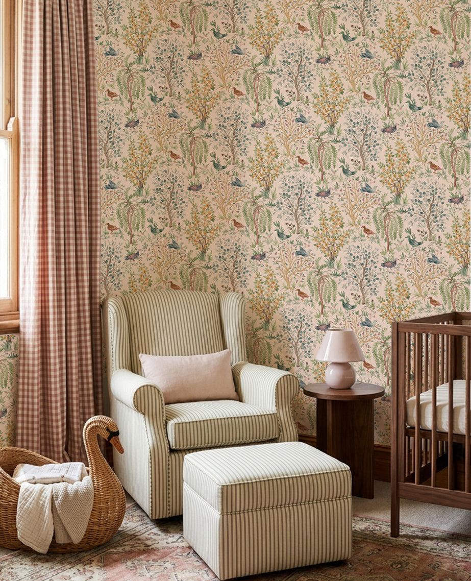 Songbird Garden in Pale Pink Wallpaper