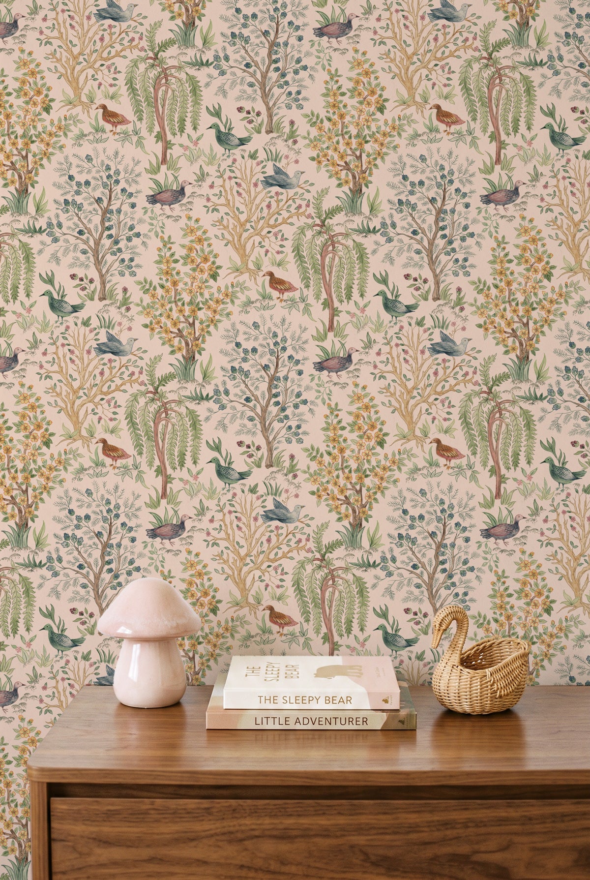 Songbird Garden in Pale Pink Wallpaper