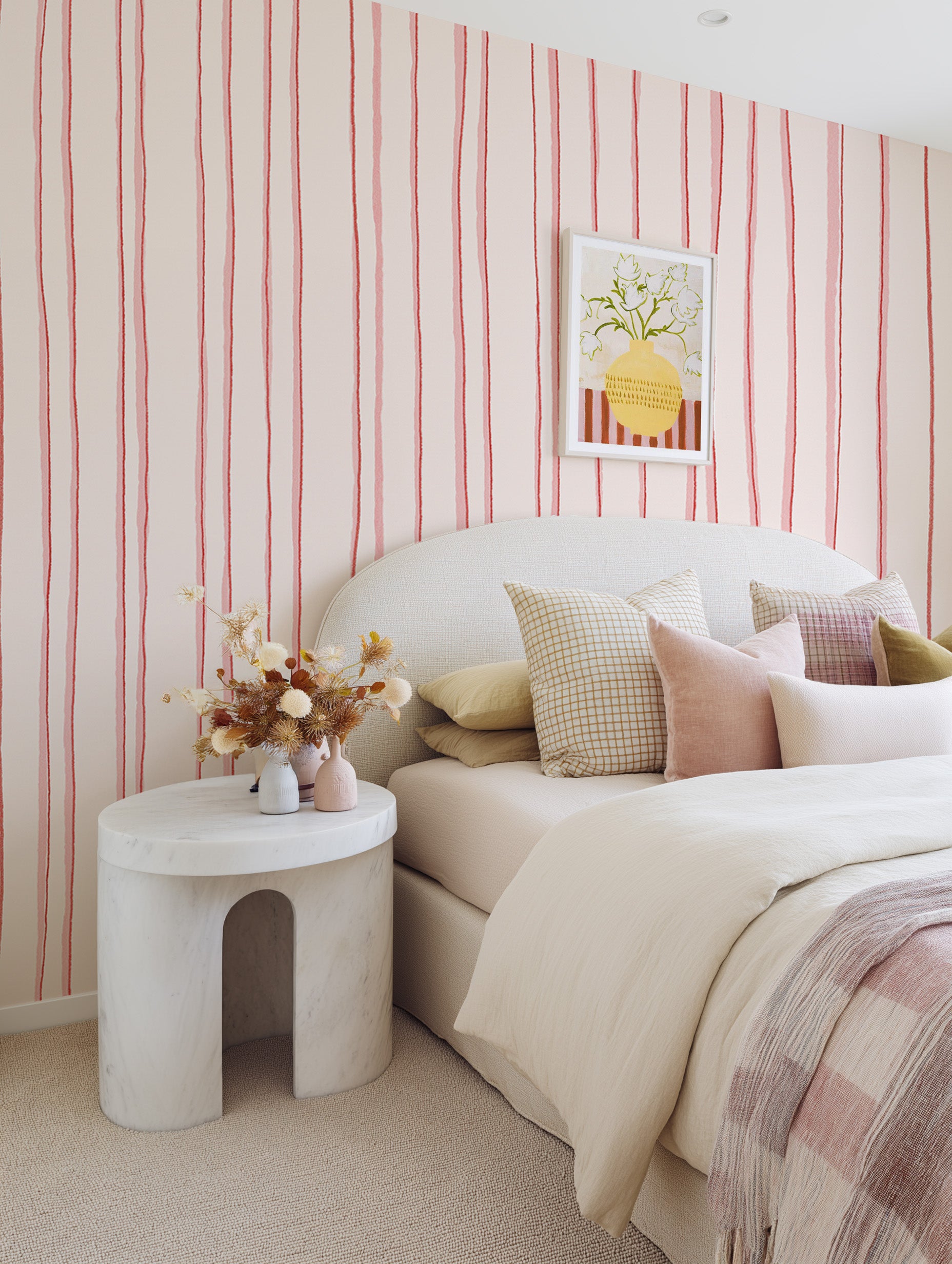 Sorbet Pink Stripes Wallpaper from Olive et Oriel where you can shop wallpaper and artworks online