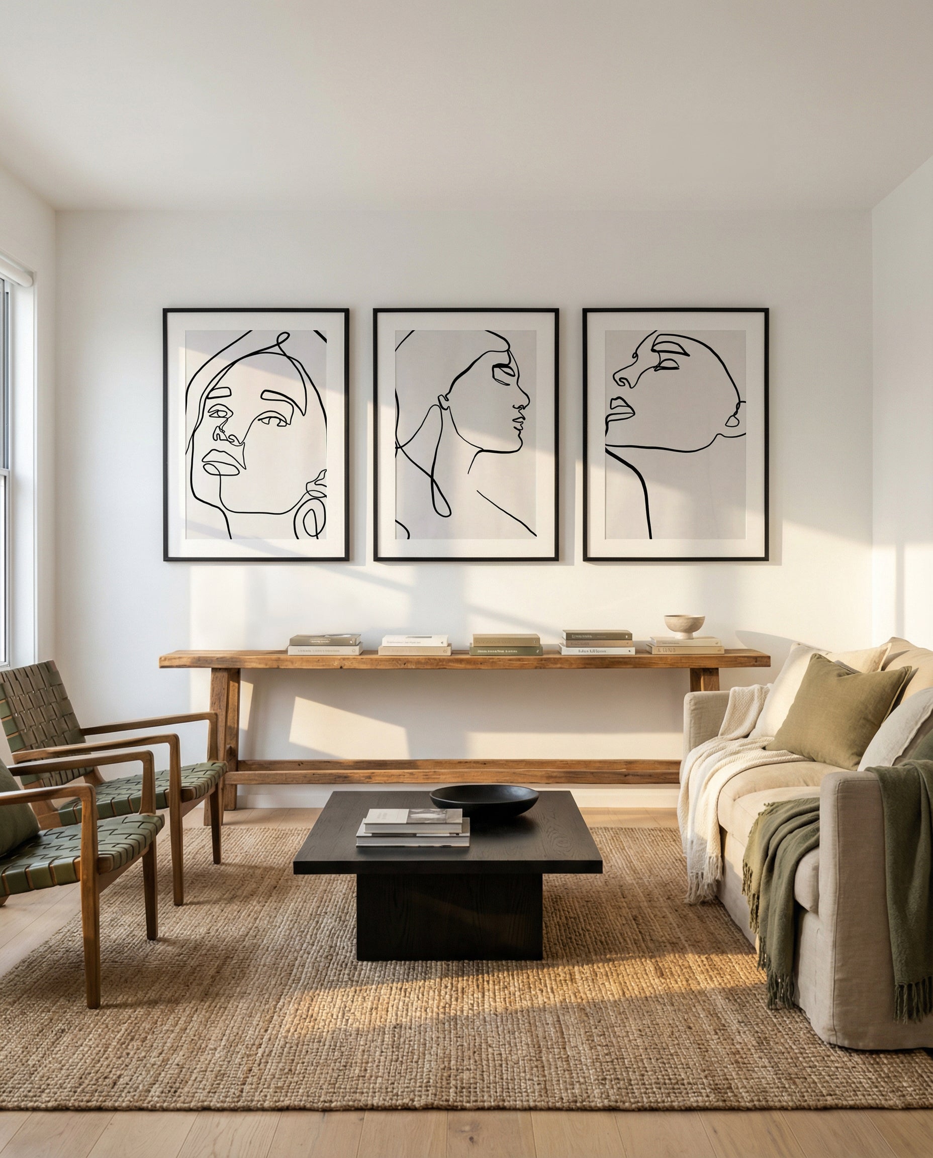Soul I, II & III | 3 Piece Wall Art Set in Beige and Black art print oak frame with white border
