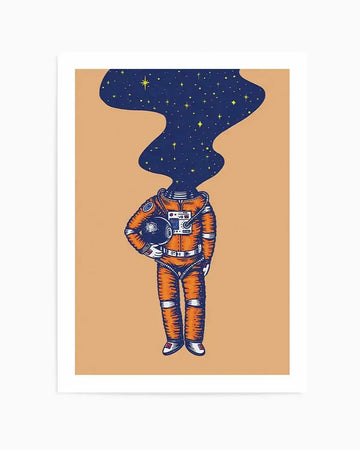 Art print featuring an illustration of an astronaut in an orange spacesuit with a dark blue, star-filled galaxy for a head, holding a helmet under one arm, on a solid light brown background.