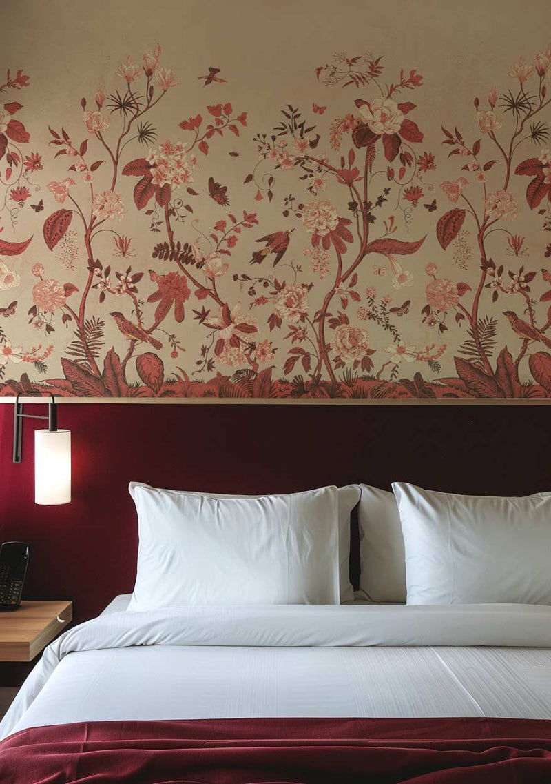Sparrow Bloomscape in Crimson from Olive et Oriel where you can shop wallpaper and artworks online