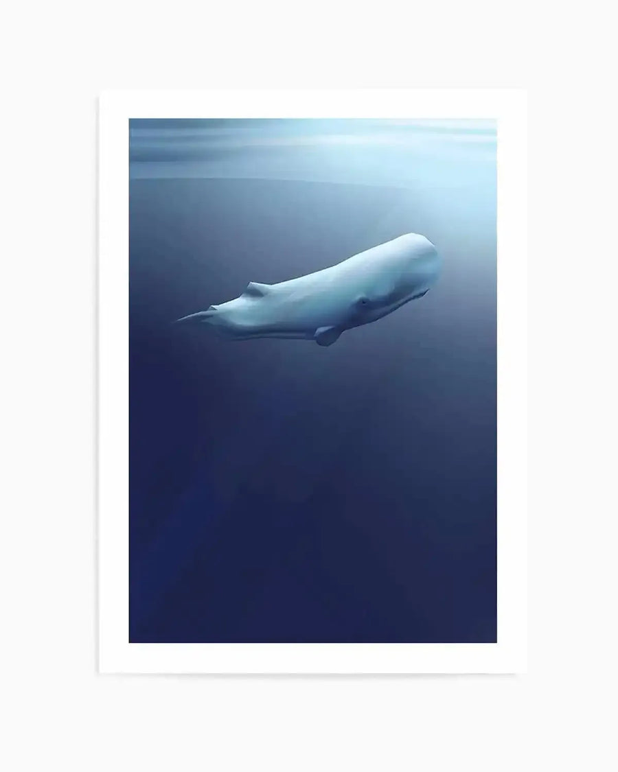 Art Print:
Illustration art print featuring a large, pale blue sperm whale swimming in deep blue water, with light filtering down from the surface creating a bright blue glow above. The whale is depicted with a smooth, rounded head and a streamlined body, rendered in a minimalist style with subtle shading.