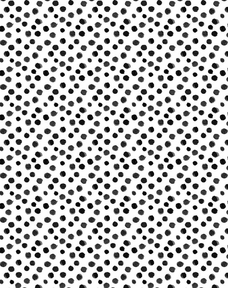 Peel and stick wallpaper featuring a repeating pattern of hand-painted irregular dots in varying shades of charcoal grey and black on a crisp white background. The design has a loose, organic watercolour quality with visible brushstroke texture.