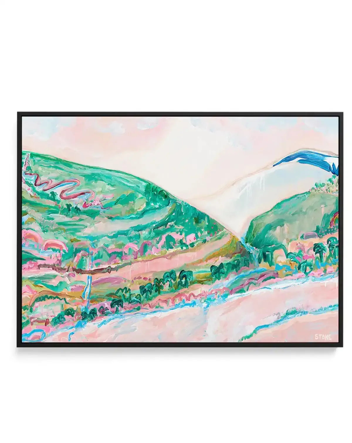 Abstract canvas print depicting a vibrant landscape with rolling hills and a winding road, rendered in broad, expressive brushstrokes. The colour palette includes shades of emerald green, teal, and blush pink for the hills and foreground, with a pale pink sky and a bright white valley in the distance. A deep blue mountain peak is visible on the right. The artwork is framed in a sleek black frame.