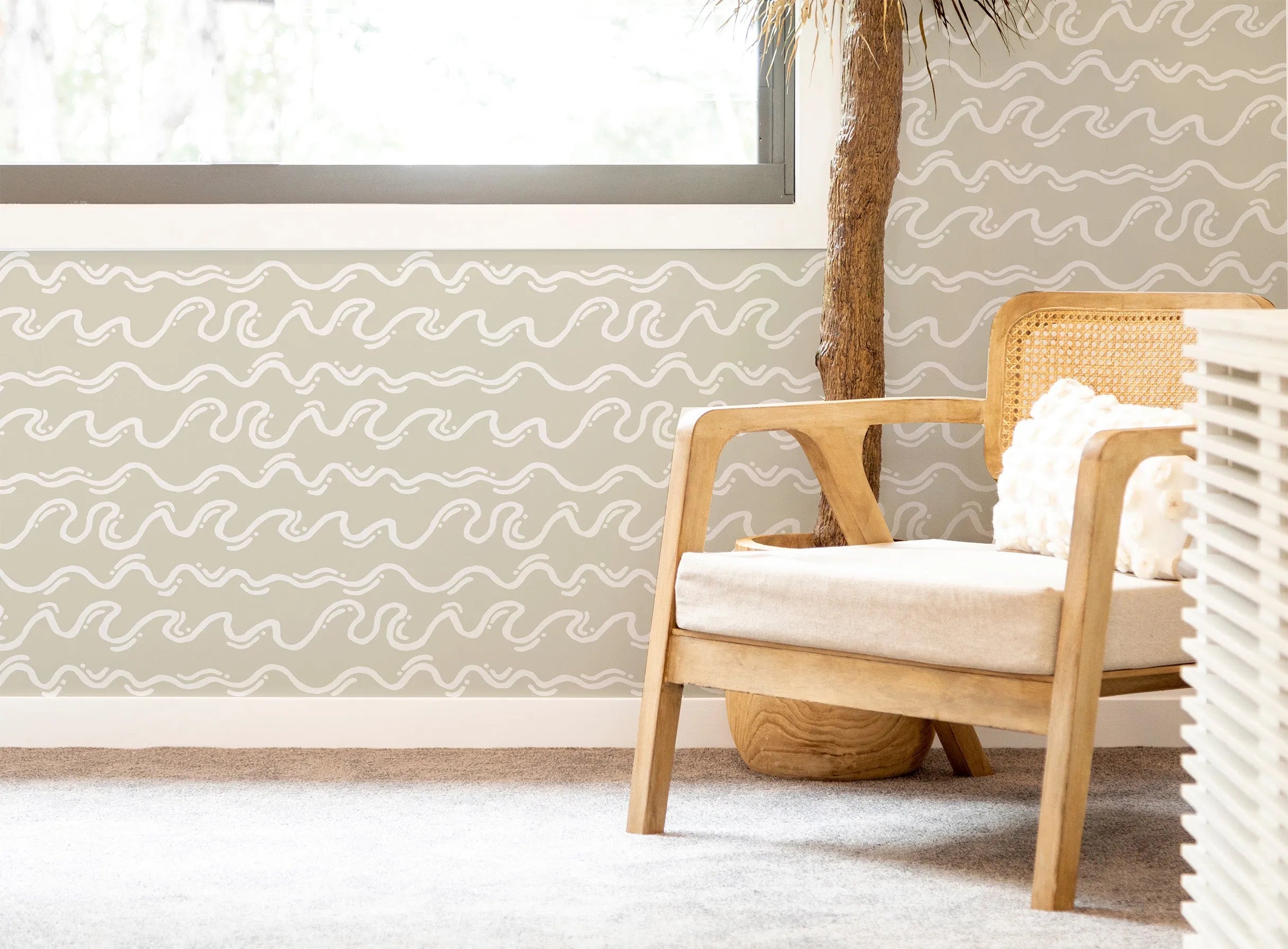 Squiggly Waves in Beige Wallpaper from Olive et Oriel where you can shop wallpaper and artworks online