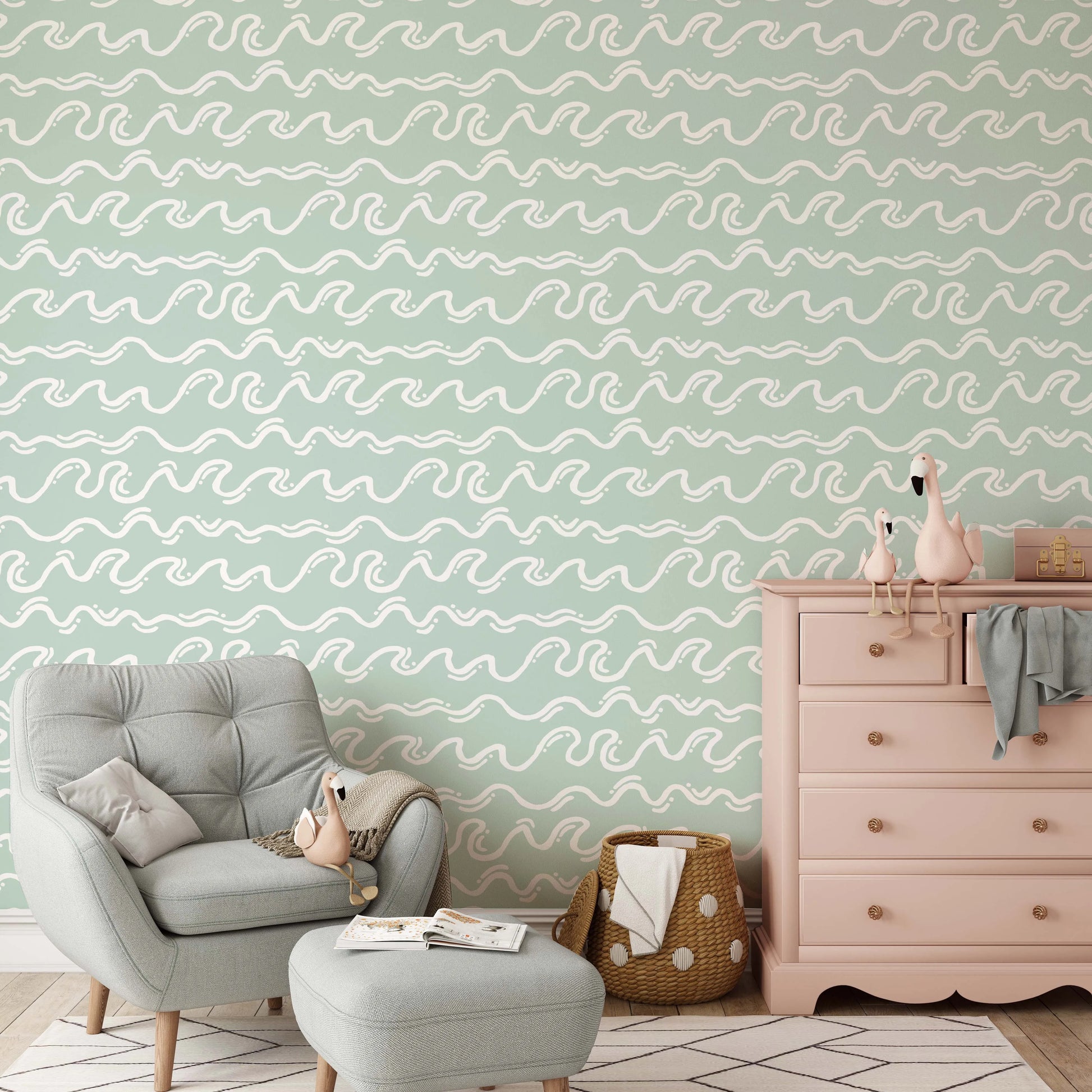 Squiggly Waves in Bondi Wallpaper from Olive et Oriel where you can shop wallpaper and artworks online