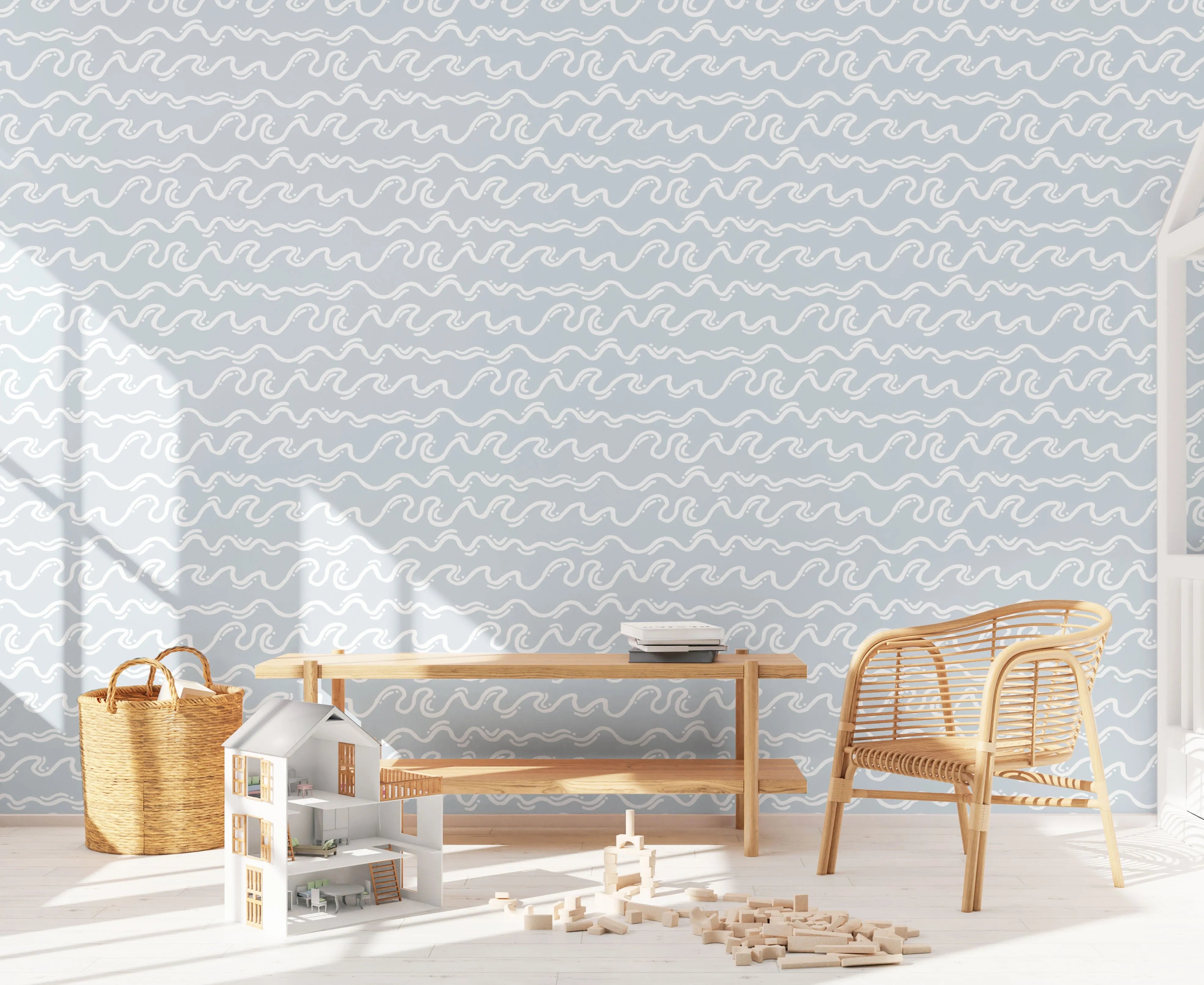 Squiggly Waves in Faded Blue Wallpaper from Olive et Oriel where you can shop wallpaper and artworks online