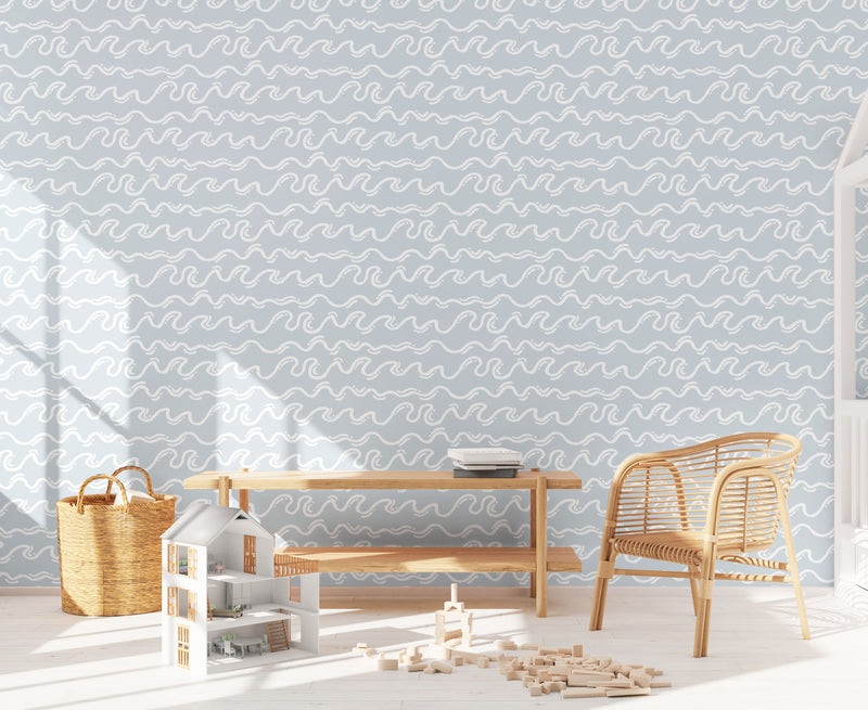 Squiggly Waves in Faded Blue Wallpaper