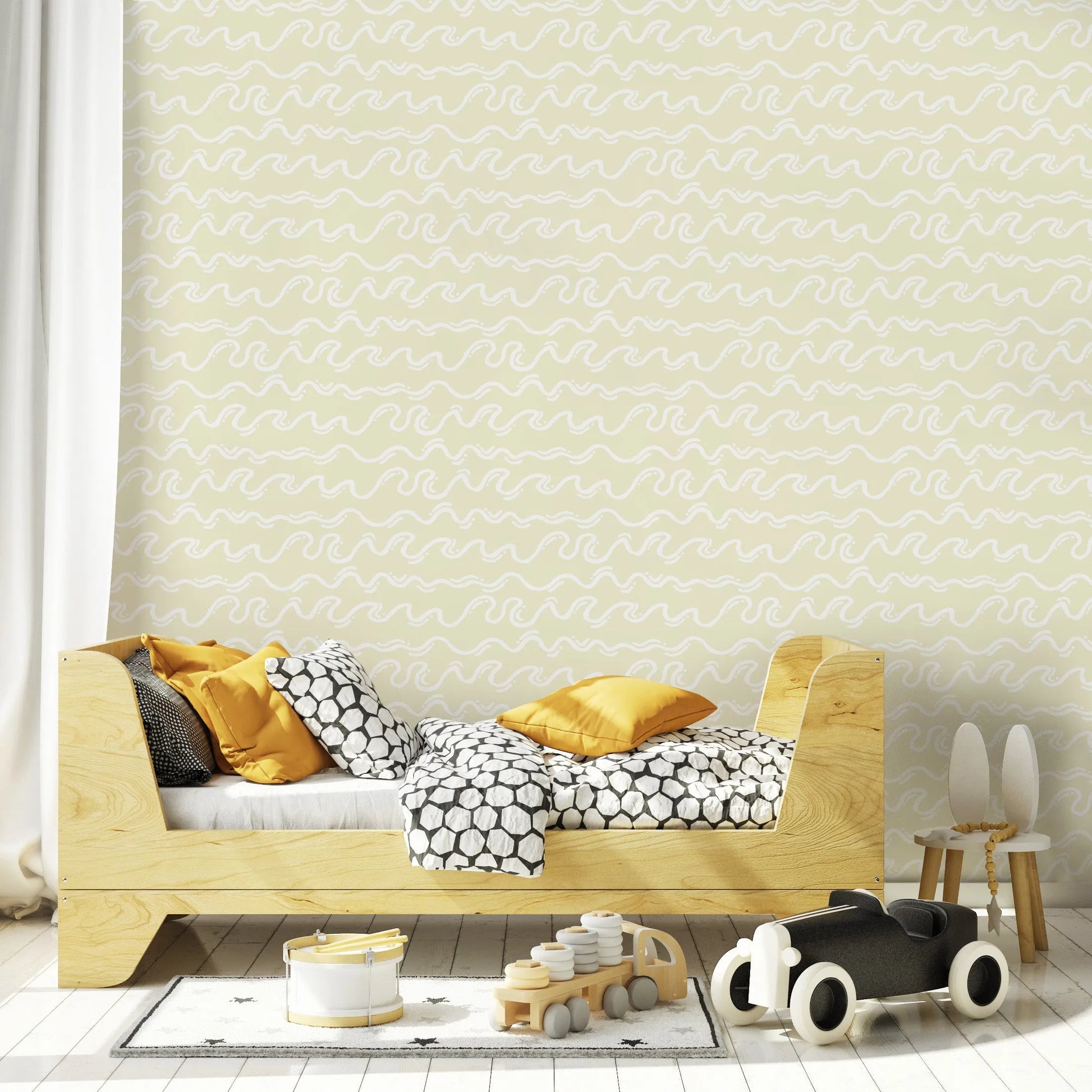 Squiggly Waves in Faded Yellow Wallpaper from Olive et Oriel where you can shop wallpaper and artworks online