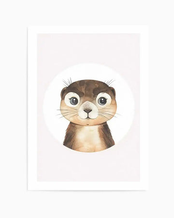 Watercolour art print featuring a cute otter with a brown and cream body, large dark eyes with light blue irises, and delicate whiskers, set against a white circular background. The print is displayed in a white frame with a white border.