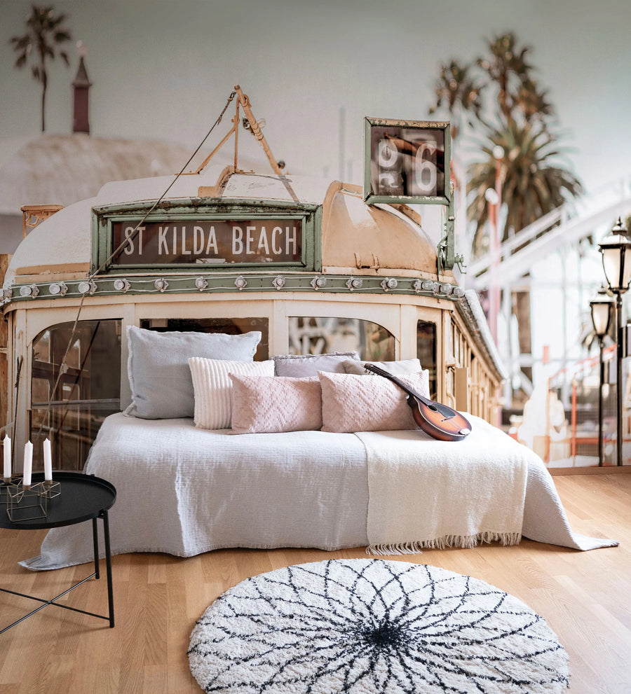 St Kilda Beach Tram | Melbourne Photo Mural Wallpaper from Olive et Oriel where you can shop wallpaper and artworks online