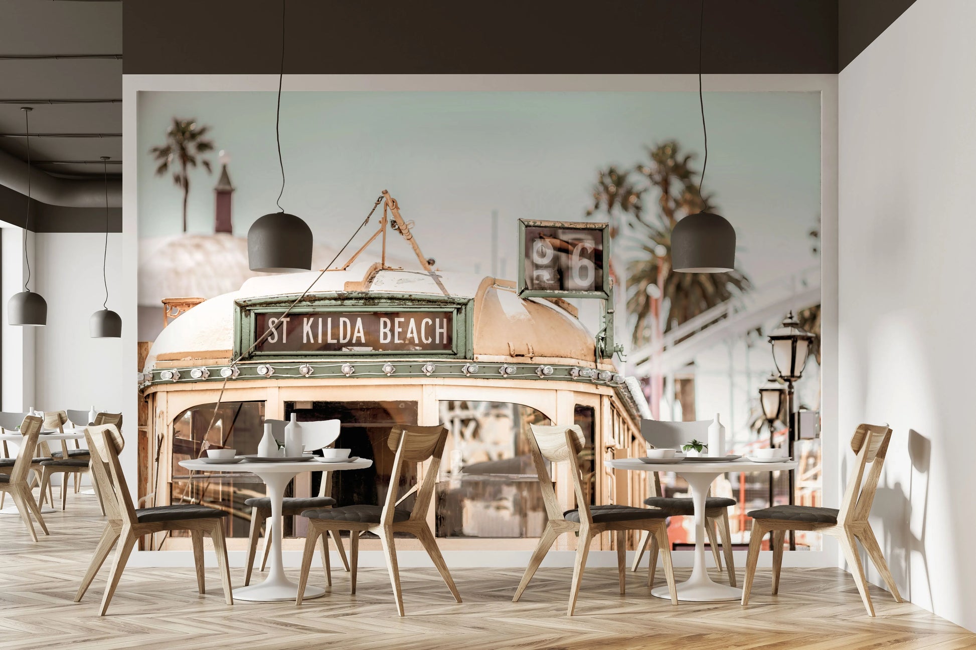 St Kilda Beach Tram | Melbourne Photo Mural Wallpaper from Olive et Oriel where you can shop wallpaper and artworks online
