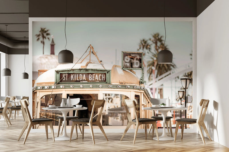St Kilda Beach Tram | Melbourne Photo Mural Wallpaper from Olive et Oriel where you can shop wallpaper and artworks online