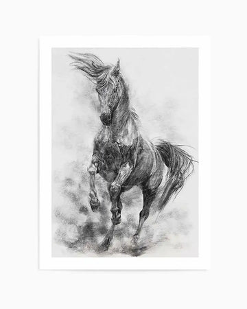 Charcoal art print featuring a powerful stallion rearing up, with its mane and tail flowing dynamically, creating a sense of movement and energy. The artwork is rendered in shades of black and grey, with visible charcoal strokes and smudges suggesting dust or motion around the horse's hooves.