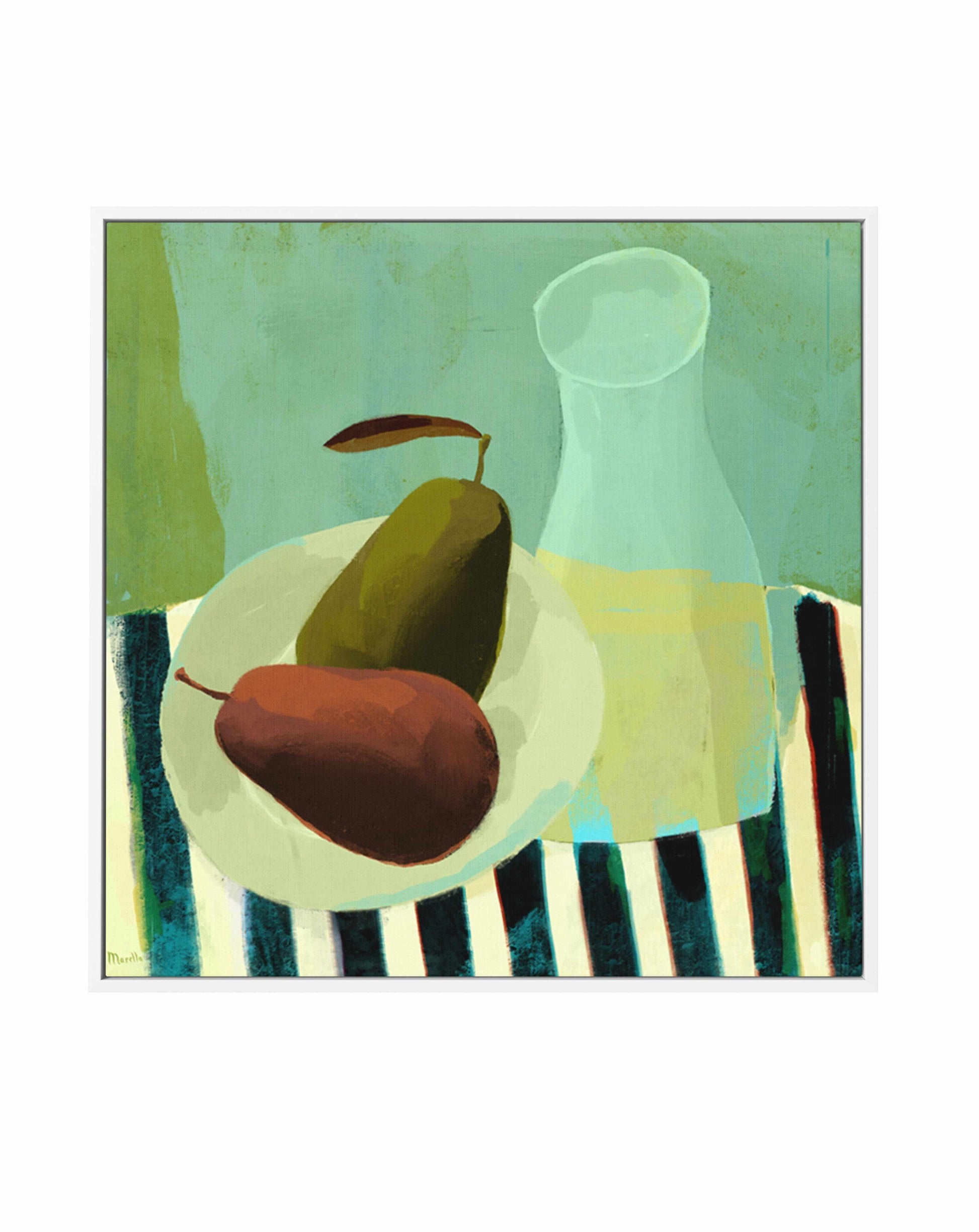 Still Life with Pears and White Wine by Marco Marella | Framed Canvas Art Print from Olive et Oriel where you can shop wallpaper and artworks online