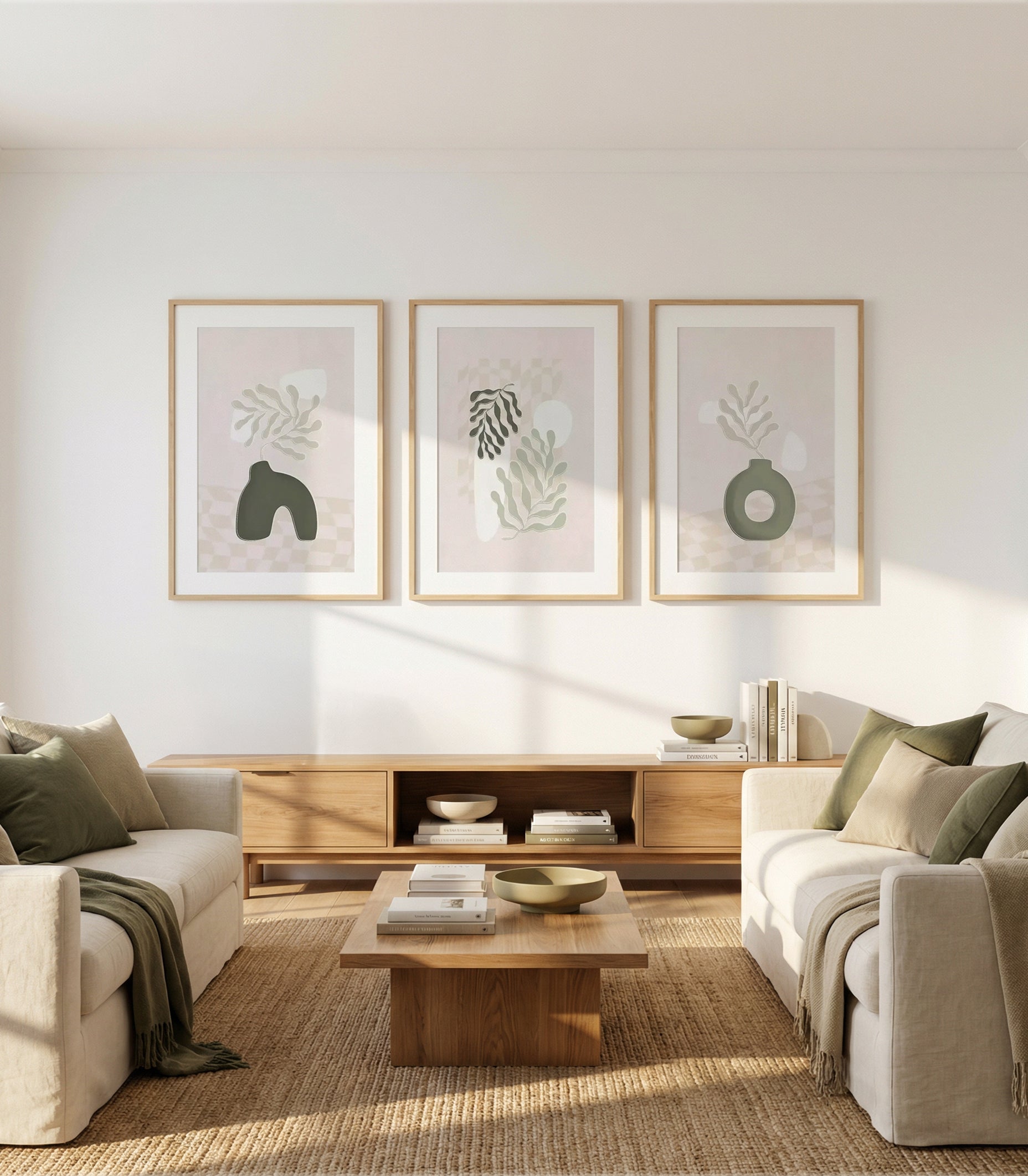 Still Life Botanica I, II & III | 3 Piece Wall Art Set in Beige and Green art print oak frame with white border