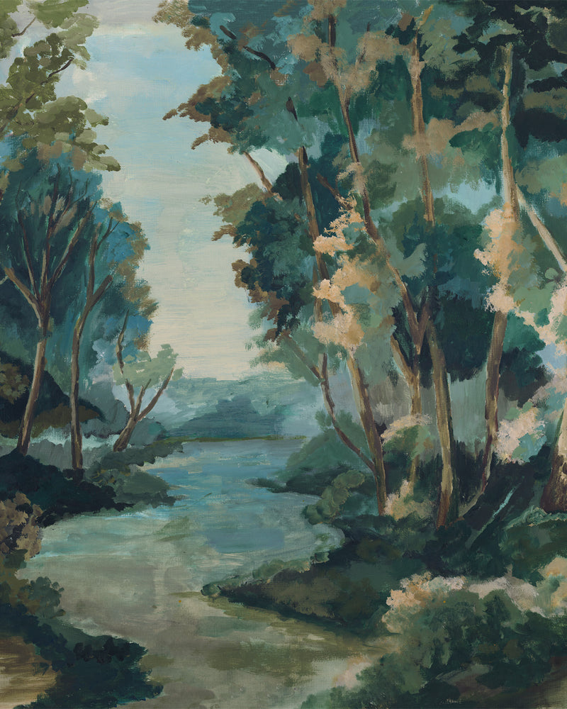 Mosswood Forest Panoramic Painted Mural Wallpaper from Olive et Oriel where you can shop wallpaper and artworks online